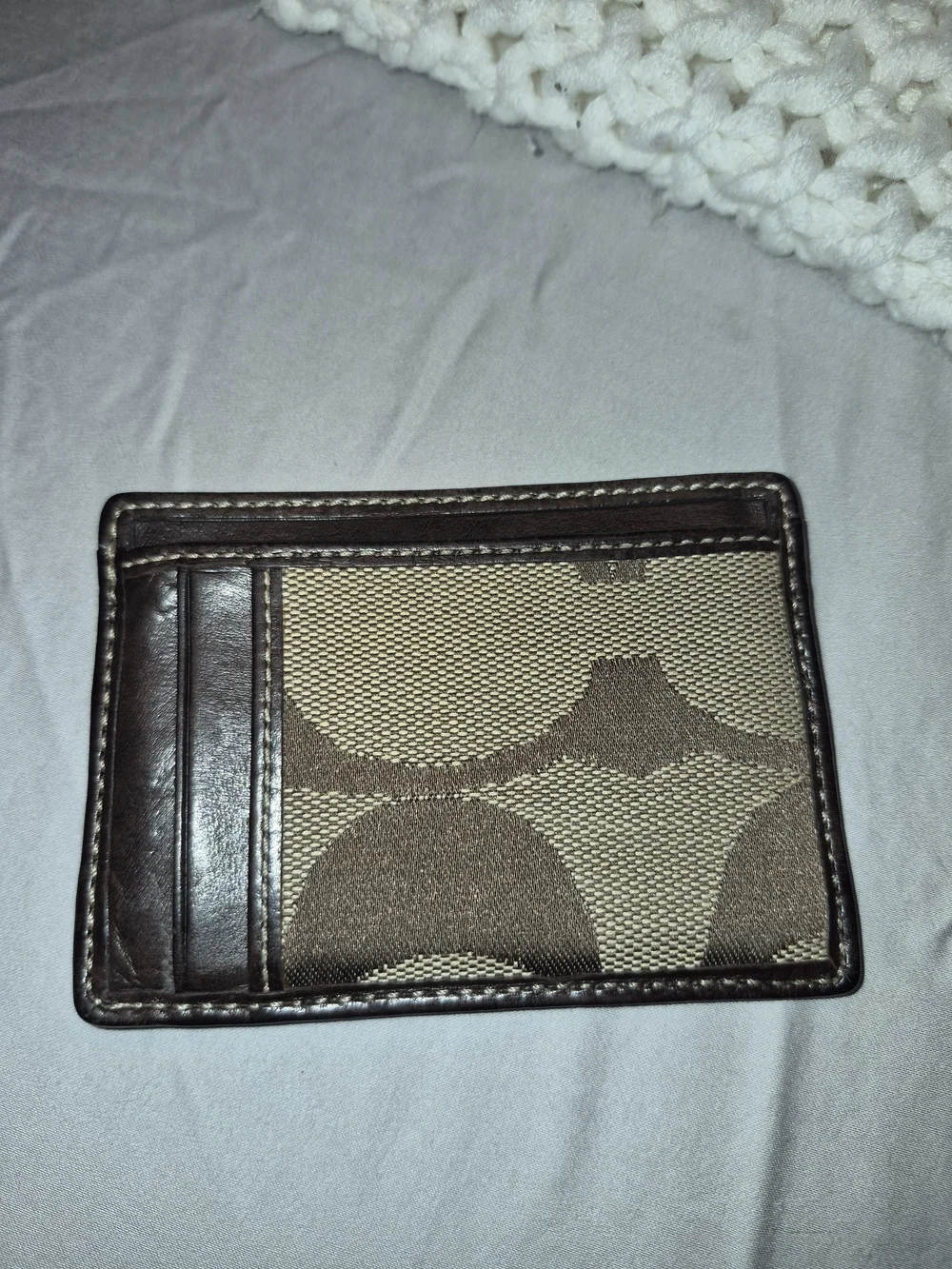Coach Brown Signature Canvas Card Holder with Navy Stripe